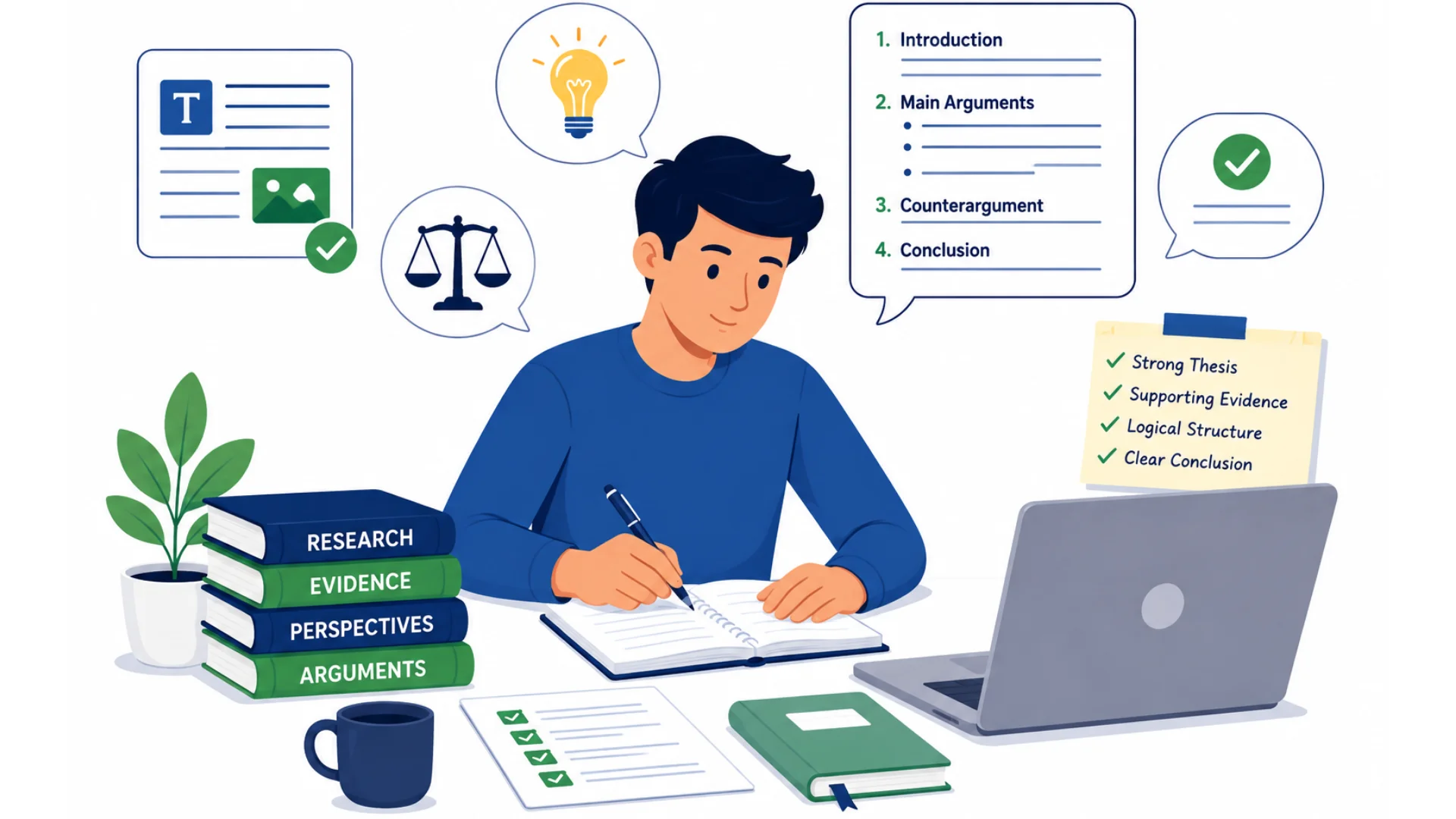 Student writing an argumentative essay with a laptop, research books, checklist, and visual icons representing evidence, balanced arguments, and essay structure.