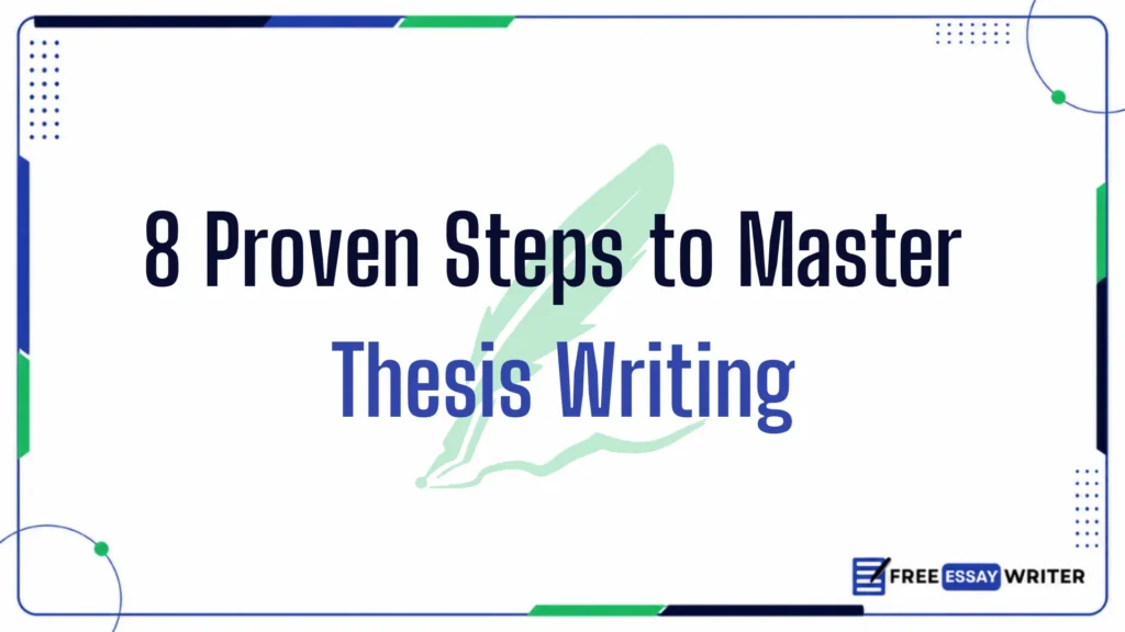 Educational graphic banner displaying text 8 Proven Steps to Master Thesis Writing over a light green feather quill background
