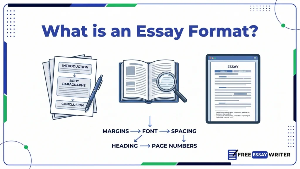 Infographic explaining essay format: structure, margins, font, spacing, heading, and page numbers - FreeEssayWriter.