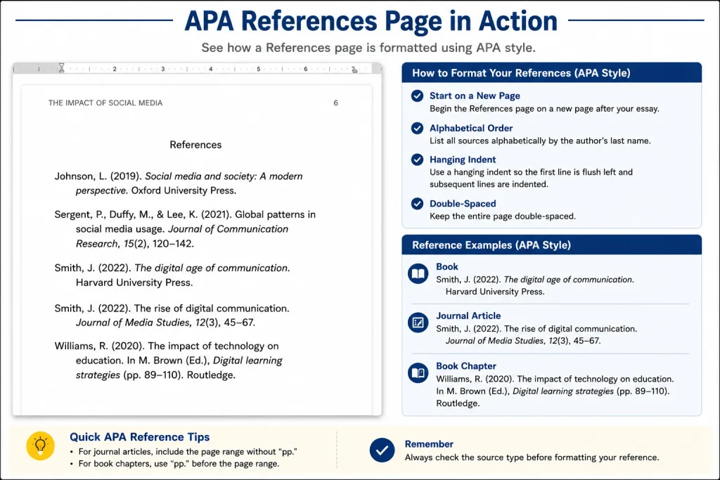 APA References page guidelines, illustrating alphabetical order, hanging indents, and formats for books and journal articles