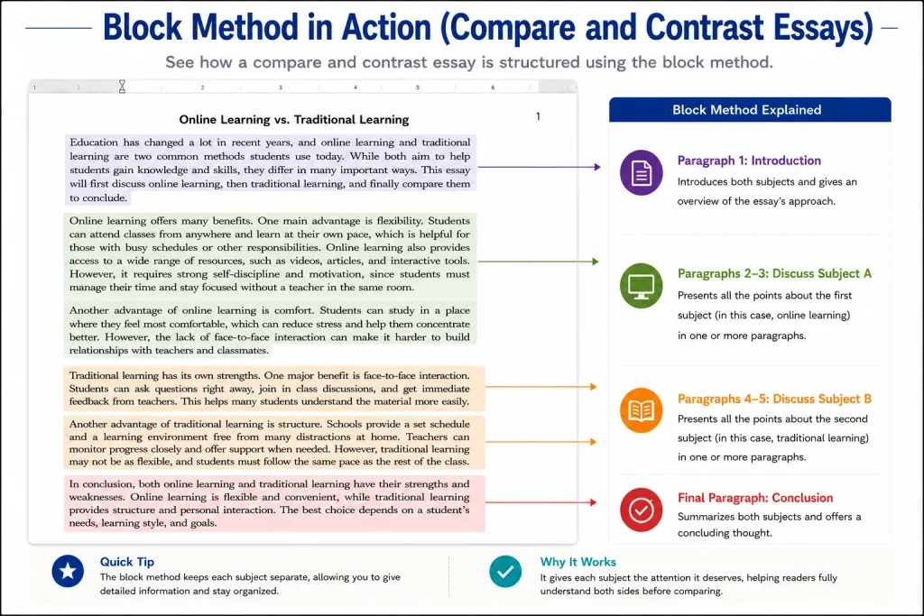 A visual guide to the block method for compare and contrast essays, explaining how to group subjects into paragraph structures
