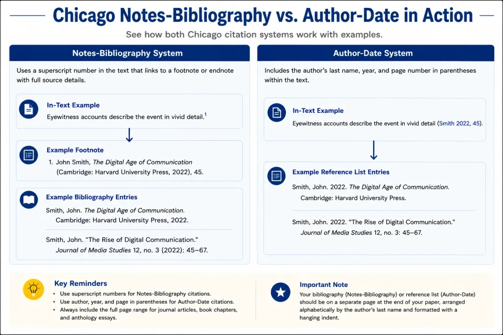 Comparison of Chicago Notes-Bibliography and Author-Date systems, displaying footnote examples and reference list entries