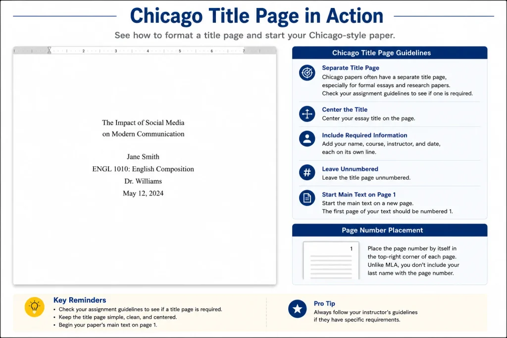 Chicago style title page formatting, showing centered title, author details, unnumbered first page, and layout guidelines