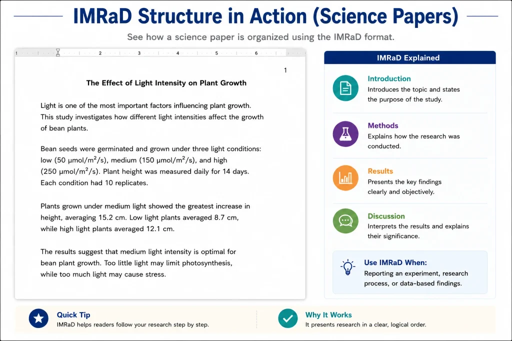 A visual guide to the IMRaD structure for research papers, outlining Introduction, Methods, Results, and Discussion formatting