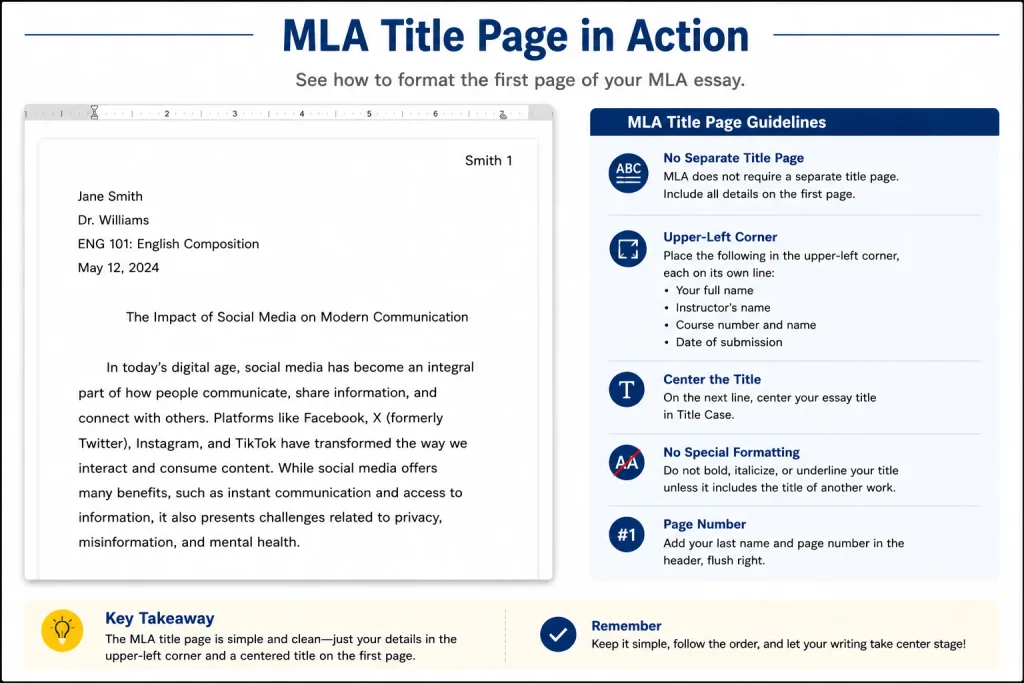 MLA title page formatting guide, demonstrating the upper-left header, centered title, and top-right page number placement
