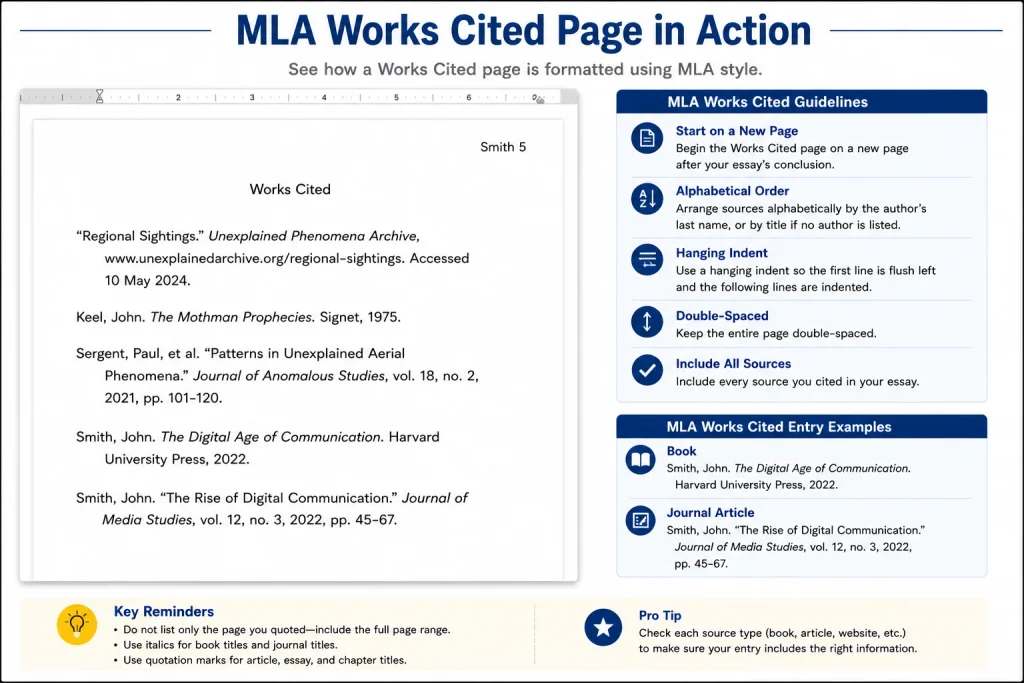 MLA Works Cited page layout, explaining hanging indents, alphabetical order, and specific entry formats for various sources