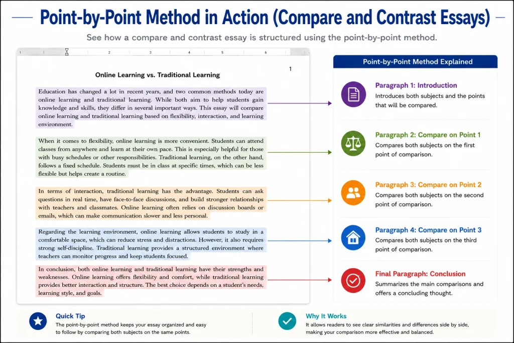 A visual layout of the point-by-point method for compare and contrast essays, showing paragraph structures based on key points
