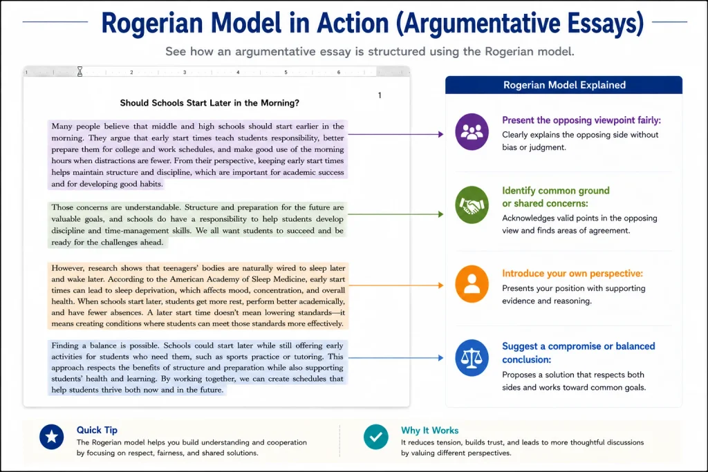 Guide to the Rogerian model for argumentative essays, highlighting opposing views, common ground, perspective, and compromises