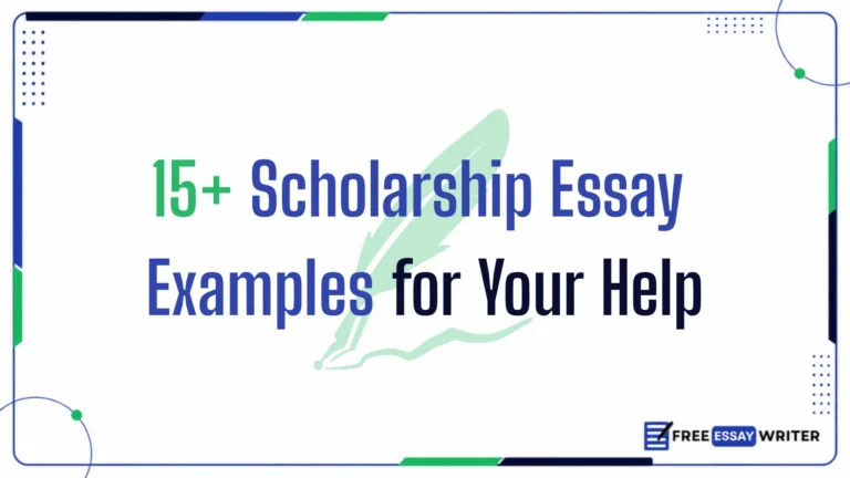 15+ Scholarship Essay Examples for Your Help title text over a light quill illustration from Free Essay Writer website