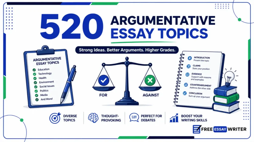 An educational graphic titled 520 Argumentative Essay Topics, featuring a topic list, a balance scale, and essay outline steps