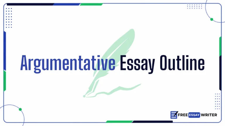 An educational title graphic reading: Argumentative Essay Outline with a soft green quill emblem on a framed white background