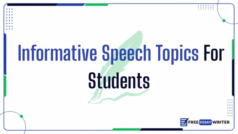 Educational graphic banner displaying the text Informative Speech Topics For Students over a light green feather quill graphic