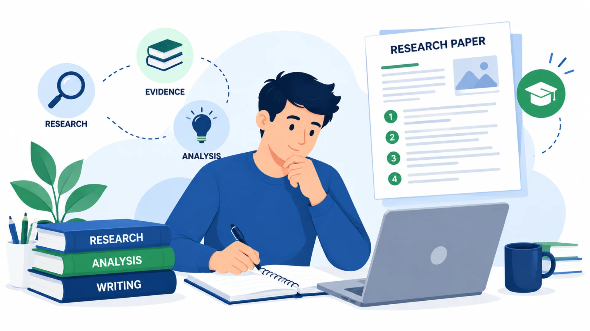Research Paper Examples in illustration, a boy writing a research paper while thinking about the topic.