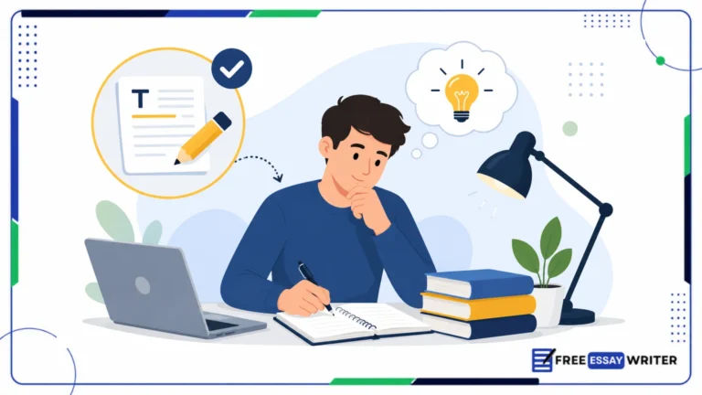 An illustration of a student writing at a desk with a laptop and books, brainstorming new essay ideas with a lightbulb graphic