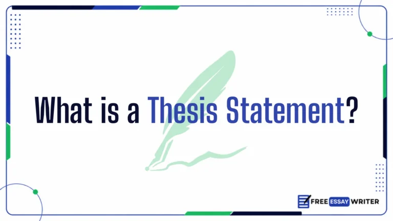 Educational graphic banner displaying the title What is a Thesis Statement? over a light green feather quill graphic watermark