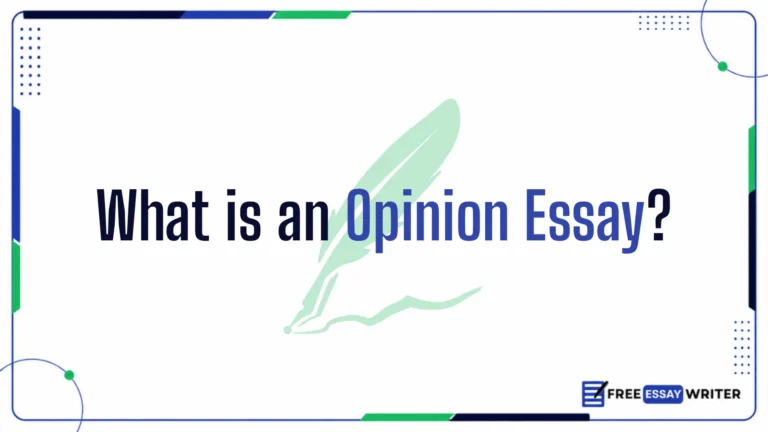 Educational graphic banner displaying the title What is an Opinion Essay? over a light green feather quill background artwork