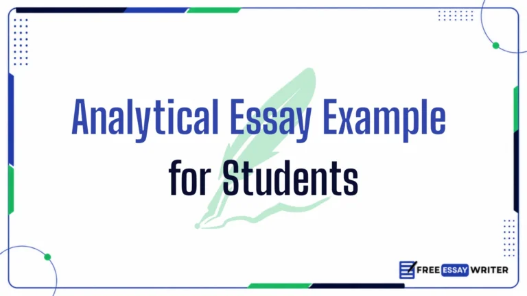 Educational graphic banner displaying text Analytical Essay Example for Students over a vibrant green feather quill background