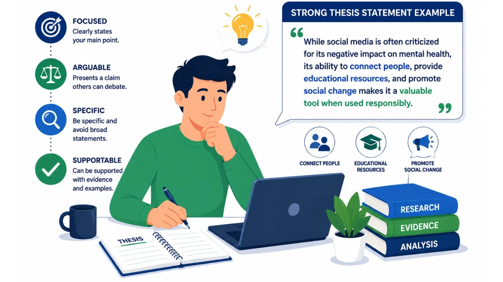 An infographic illustrating how to write a strong thesis statement, featuring a student studying at a desk with writing advice