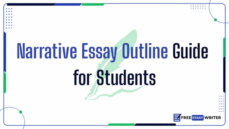 Title slide reading "Narrative Essay Outline Guide for Students" with a quill icon watermark and Free Essay Writer logo