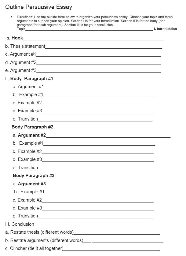 A printable persuasive essay outline worksheet featuring sections for an introduction, three body paragraphs, and a conclusion
