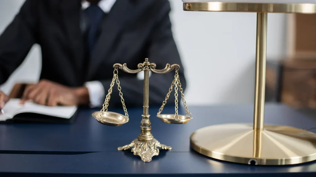 Small golden brass scale of justice sitting on a desk alongside a lamp, with a lawyer in a dark suit writing in the background