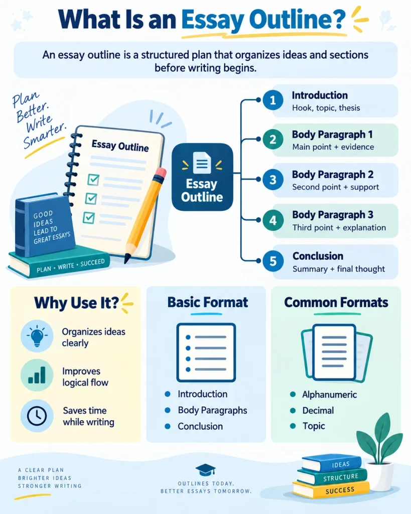 Infographic defining an essay outline with structure steps, benefits like clear organization, and basic outline formats