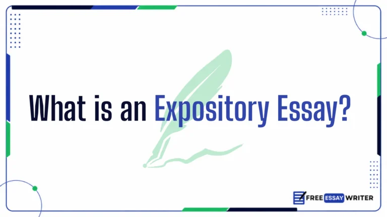 Educational graphic banner displaying the title What is an Expository Essay? over a light green feather quill background